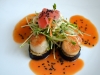 Seared Day Boat Sea Scallops, Sesame Peanut Noodle Sushi, Pickled Vegetable Salad, Miso Vinaigrette