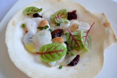 Local Scallop Crudo Sunchoke, Dry Cherry, Smoked Almond, Maple Gastrique