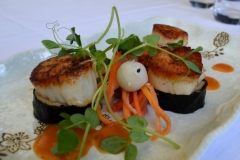 Seared Day Boat Sea Scallops, Sesame Peanut Noodle Sushi, Pickled Vegetable Salad, Miso Vinaigrette