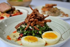 Crispy Pig's Ears: 7 Minute Egg, Kale, Lentils, Rosemary Caper Vinaigrette, Hot Sauce
