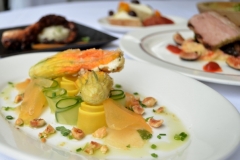 Tempura Squash Blossom: Goat Cheese, Cucumber, Melon, Hazelnuts, Tarragon