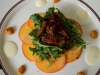 Peach Carpaccio, Crispy Duck Confit, Spiced Almonds, Arugula, Prosecco Vinaigrette