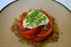 Local Hothouse Tomato Salad, Burrata, Burnt Tortilla Crumble, Cilantro, Tomatillo Salsa